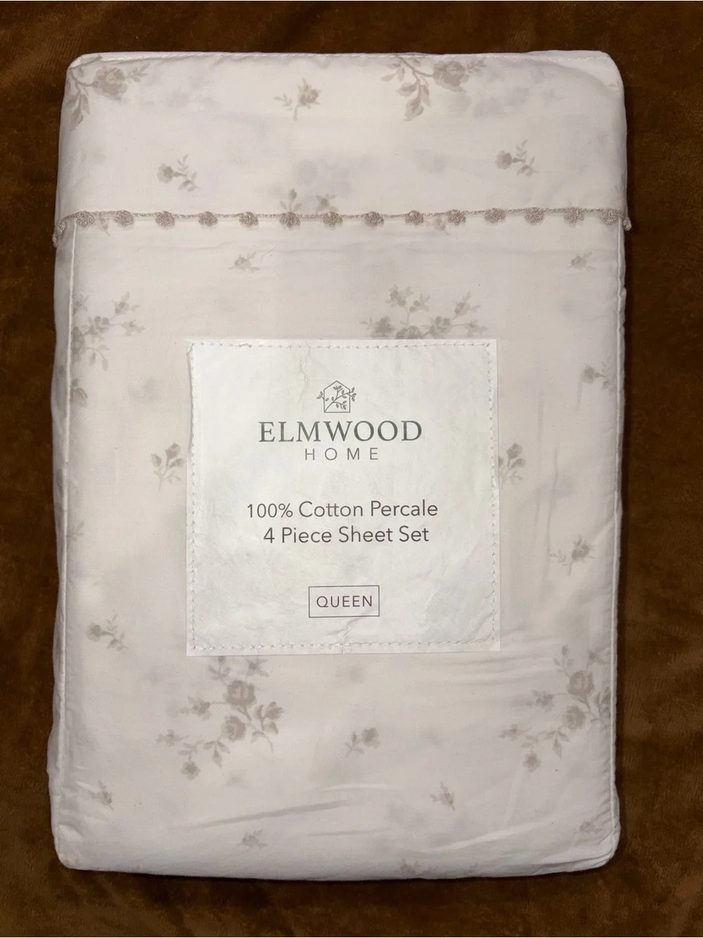 Elmwood Home Queen 4-Piece Cotton Percale Sheet Set in Soft Taupe Floral